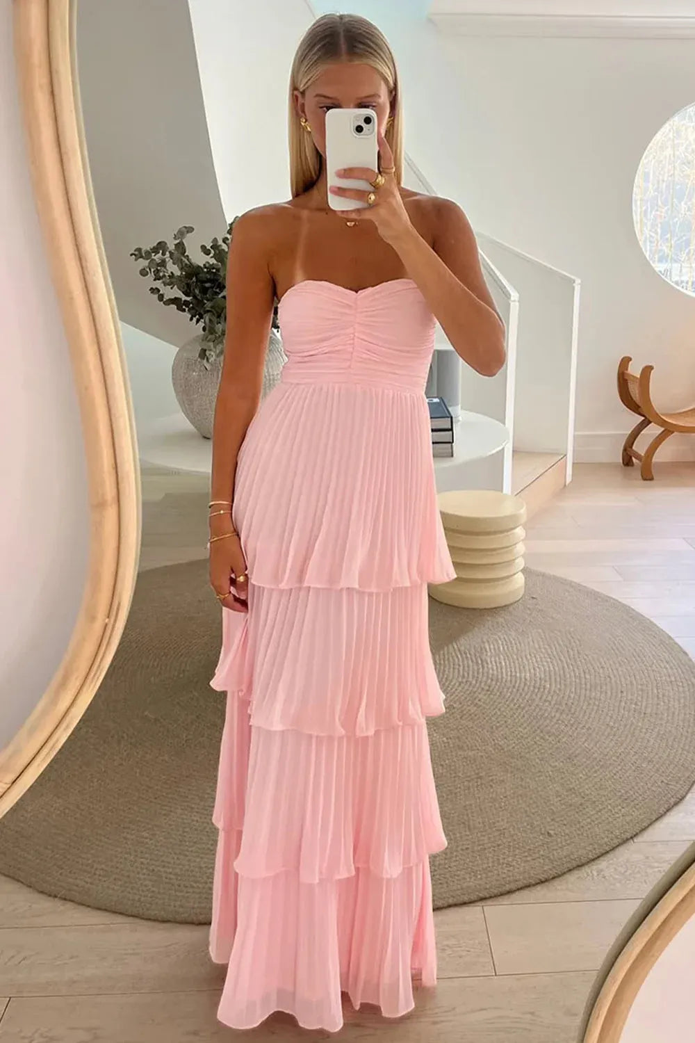 Romantic Chiffon A-Line Sweetheart Strapless Zipper Back Floor Length Wedding Guest Dress
