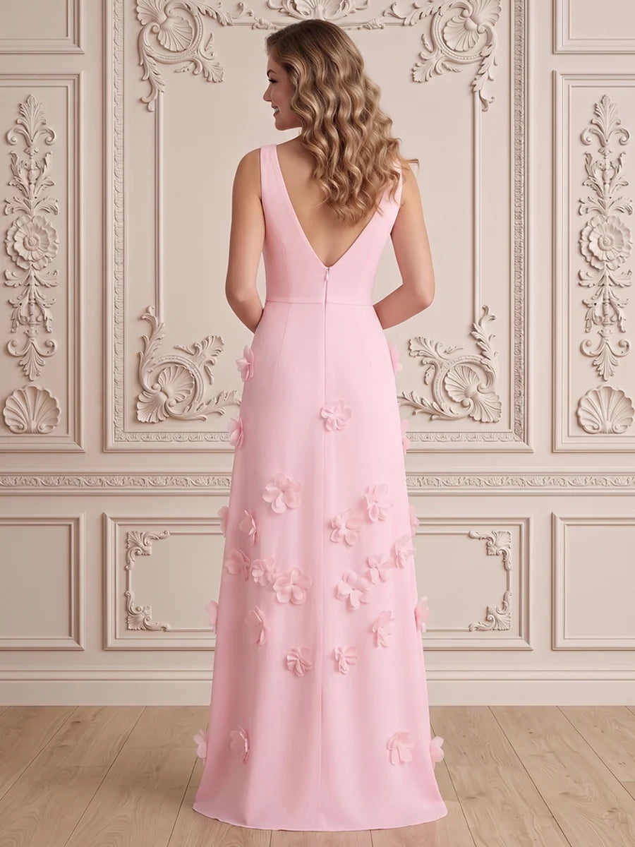 Romantic A-Line V-Neck Sleeveless Chiffon Floor Length Wedding Guest Dress