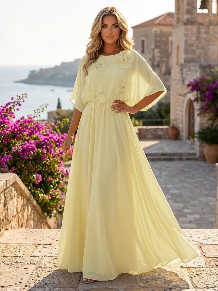 Loverlm light yellow chiffon A-line wedding guest dress with floral appliques and batwing sleeves