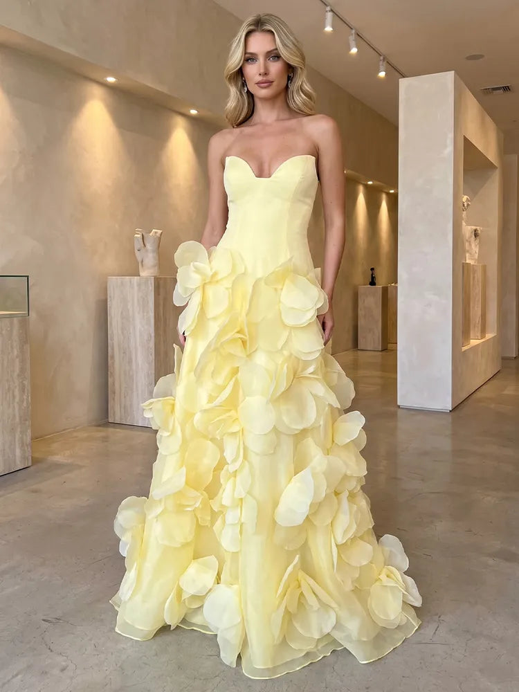 Loverlm light yellow sweetheart floral petal floor length prom dress front view