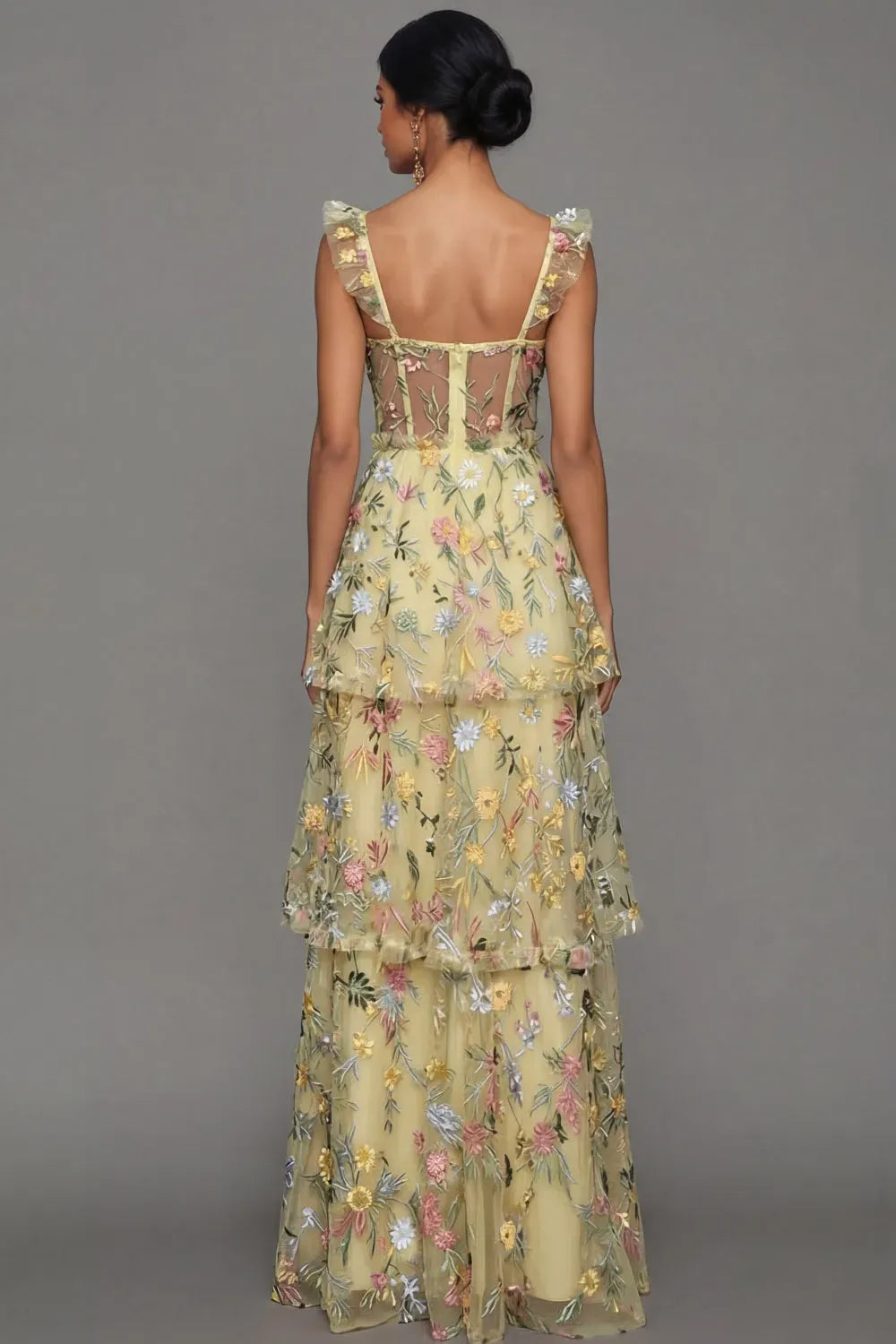 Romantic A-Line Sweetheart Ruffled Strap Sheer Back Maxi Wedding Guest Dress