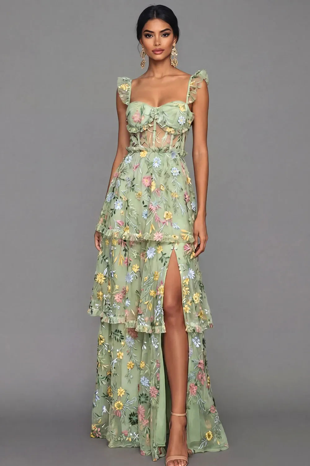 Romantic A-Line Sweetheart Ruffled Strap Sheer Back Maxi Wedding Guest Dress