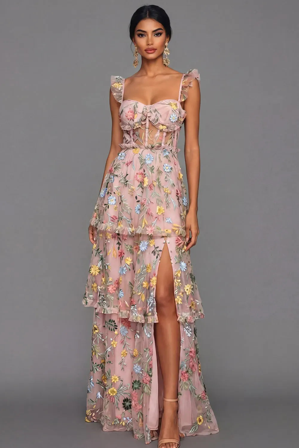 Romantic A-Line Sweetheart Ruffled Strap Sheer Back Maxi Wedding Guest Dress