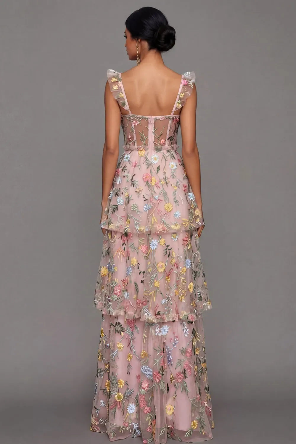 Romantic A-Line Sweetheart Ruffled Strap Sheer Back Maxi Wedding Guest Dress