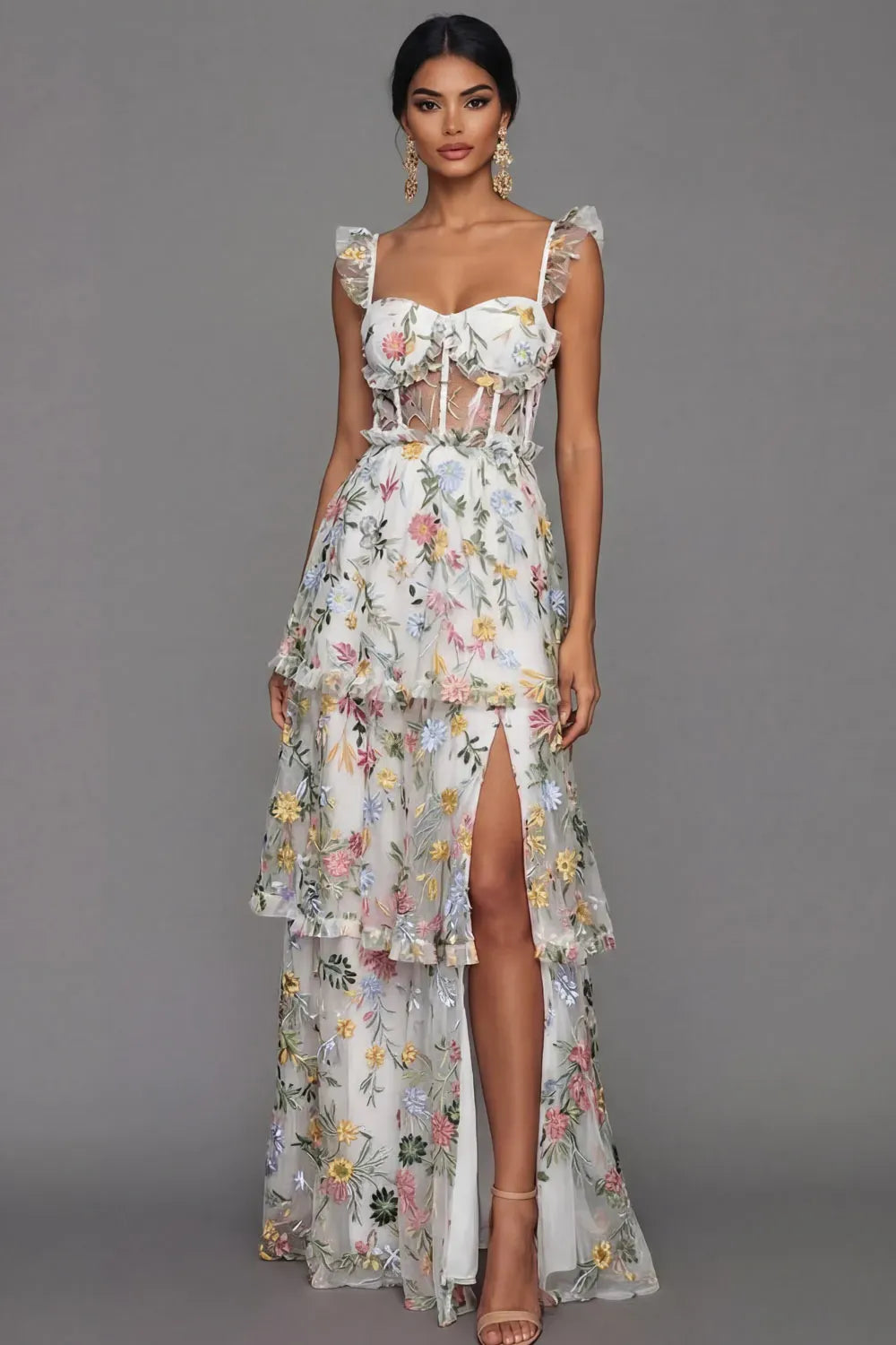 Romantic A-Line Sweetheart Ruffled Strap Sheer Back Maxi Wedding Guest Dress