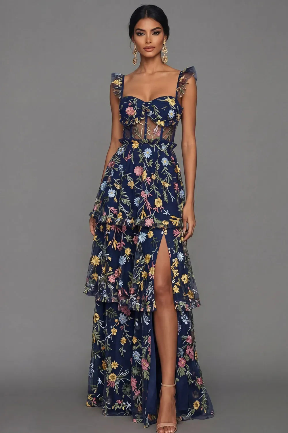 Romantic A-Line Sweetheart Ruffled Strap Sheer Back Maxi Wedding Guest Dress