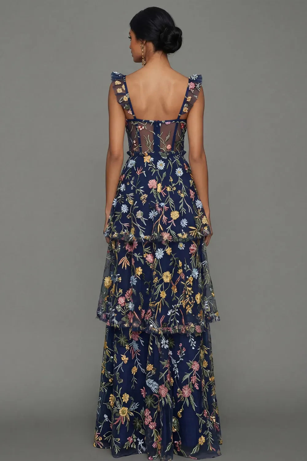 Romantic A-Line Sweetheart Ruffled Strap Sheer Back Maxi Wedding Guest Dress