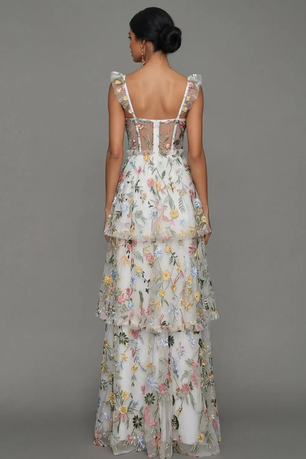 Romantic A-Line Sweetheart Ruffled Strap Sheer Back Maxi Wedding Guest Dress
