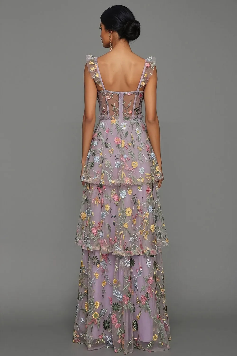 Romantic A-Line Sweetheart Ruffled Strap Sheer Back Maxi Wedding Guest Dress