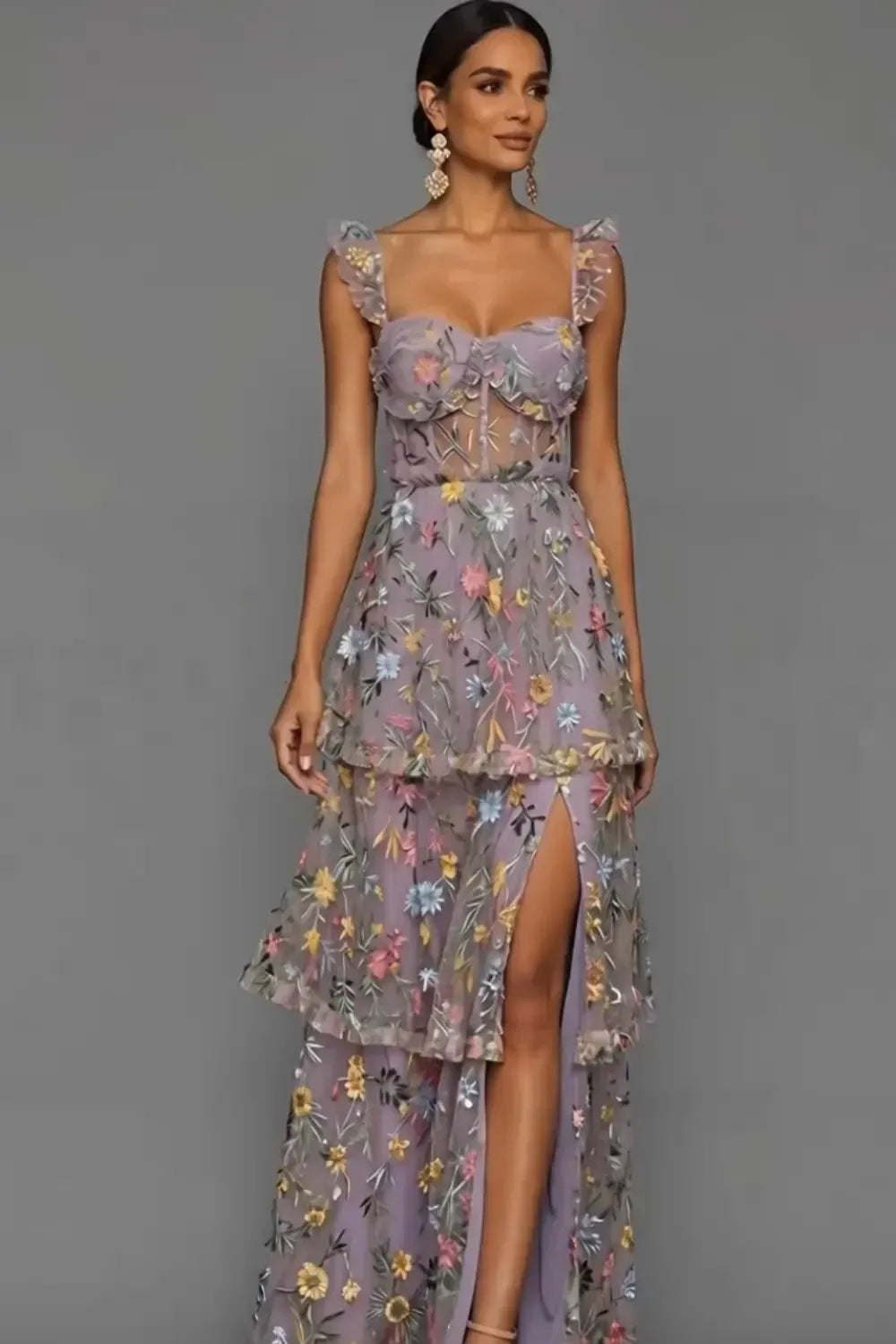 Romantic A-Line Sweetheart Ruffled Strap Sheer Back Maxi Wedding Guest Dress