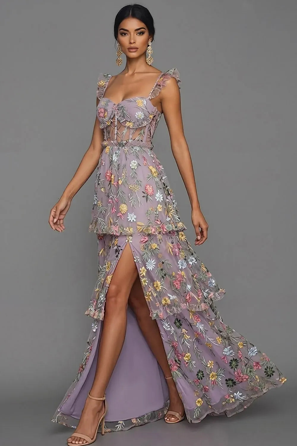 Romantic A-Line Sweetheart Ruffled Strap Sheer Back Maxi Wedding Guest Dress