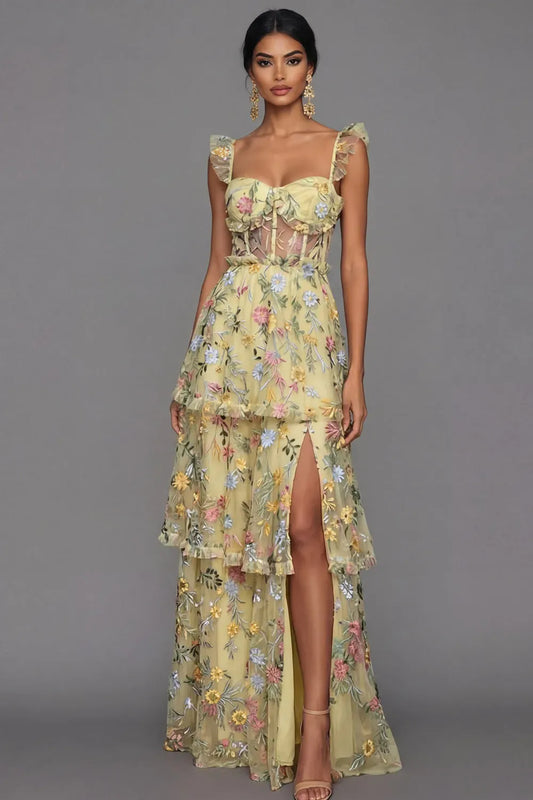 Loverlm light yellow floral embroidered wedding guest dress with sweetheart neckline, ruffled straps, sheer corset bodice and tiered slit skirt