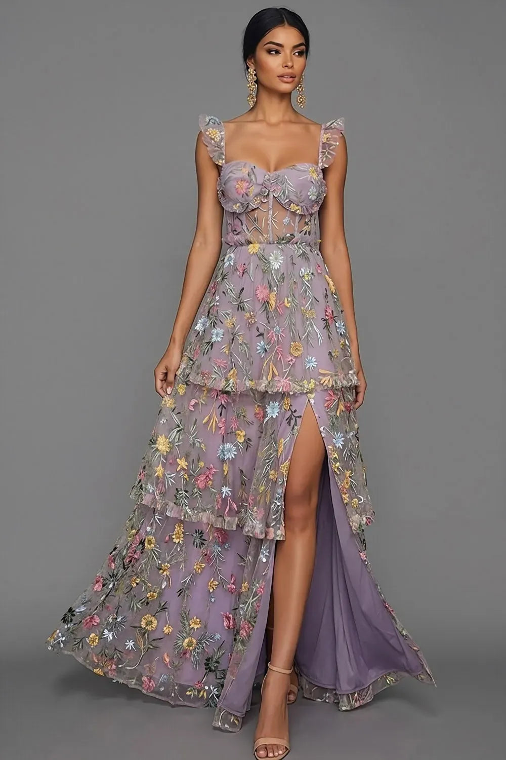 Romantic A-Line Sweetheart Ruffled Strap Sheer Back Maxi Wedding Guest Dress