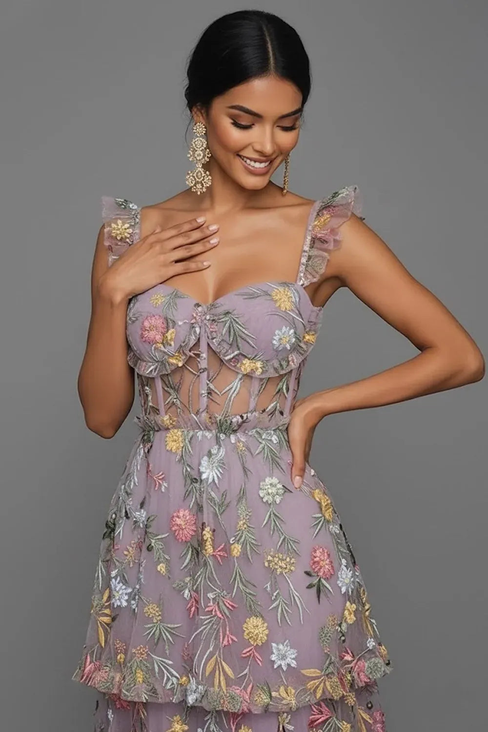 Romantic A-Line Sweetheart Ruffled Strap Sheer Back Maxi Wedding Guest Dress