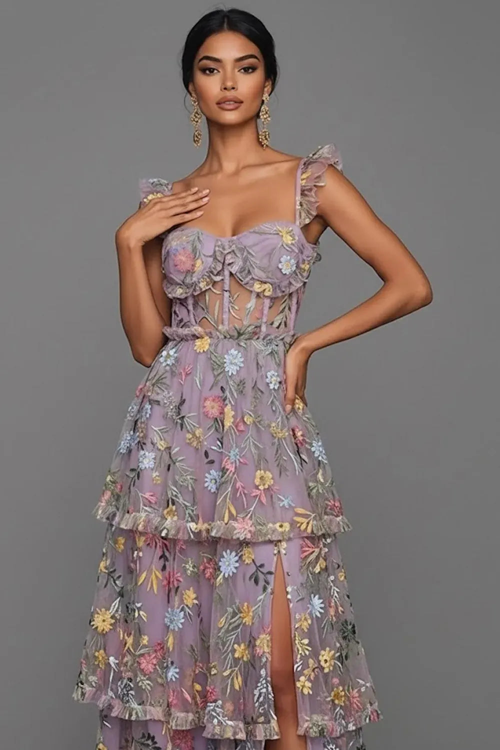 Romantic A-Line Sweetheart Ruffled Strap Sheer Back Maxi Wedding Guest Dress