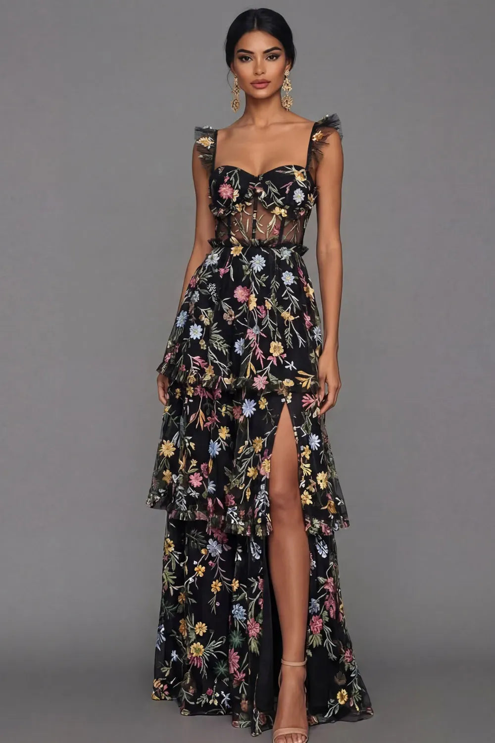 Romantic A-Line Sweetheart Ruffled Strap Sheer Back Maxi Wedding Guest Dress