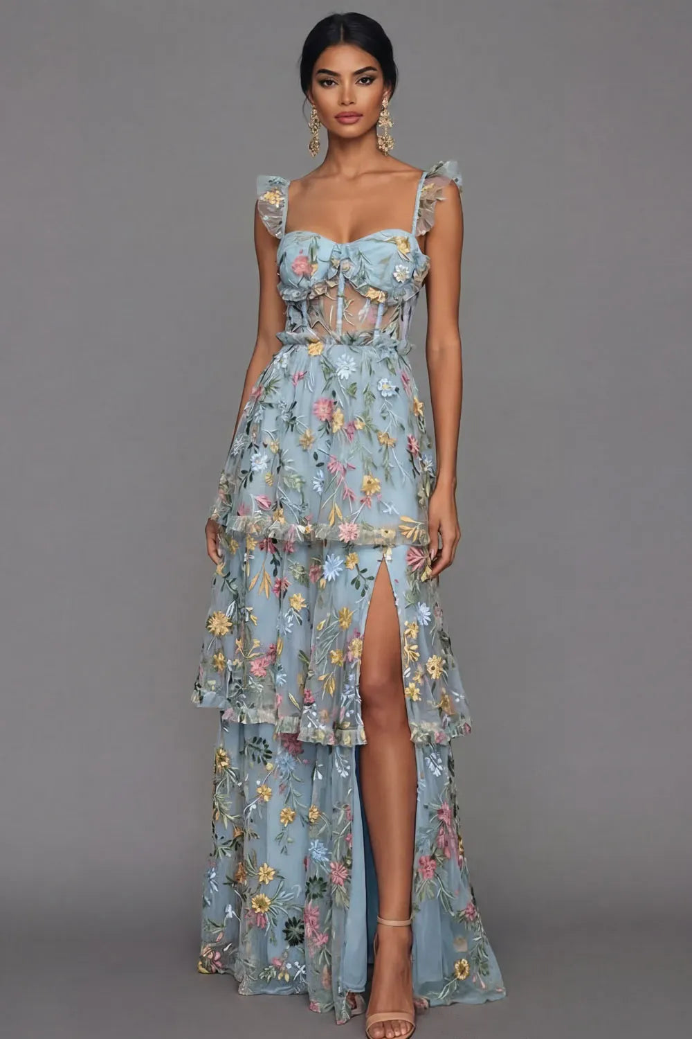 Romantic A-Line Sweetheart Ruffled Strap Sheer Back Maxi Wedding Guest Dress