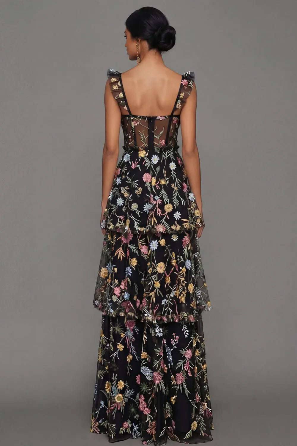 Romantic A-Line Sweetheart Ruffled Strap Sheer Back Maxi Wedding Guest Dress
