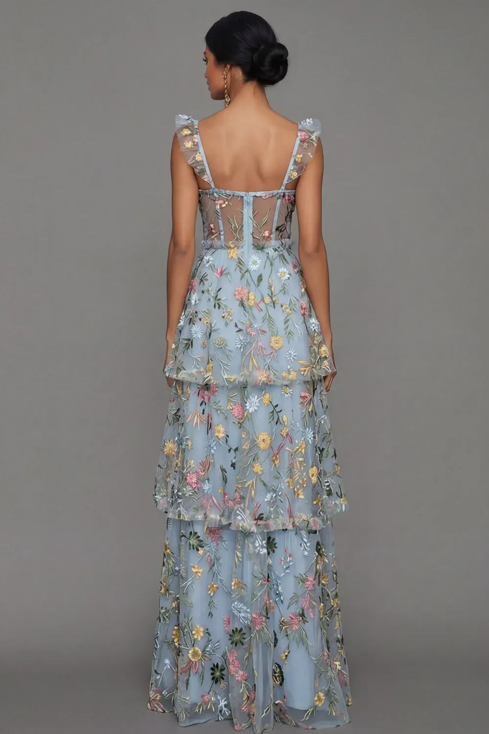 Romantic A-Line Sweetheart Ruffled Strap Sheer Back Maxi Wedding Guest Dress