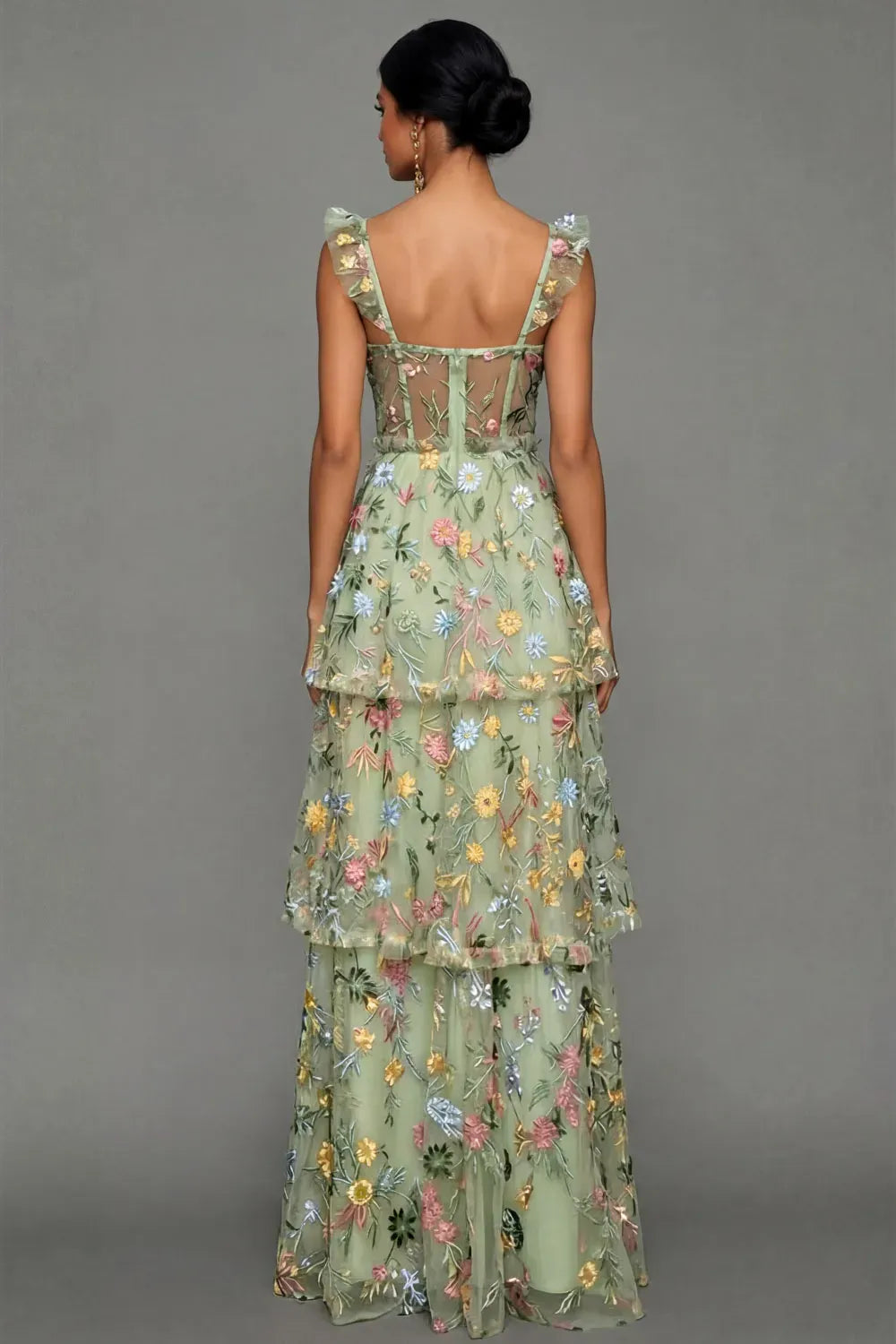 Romantic A-Line Sweetheart Ruffled Strap Sheer Back Maxi Wedding Guest Dress