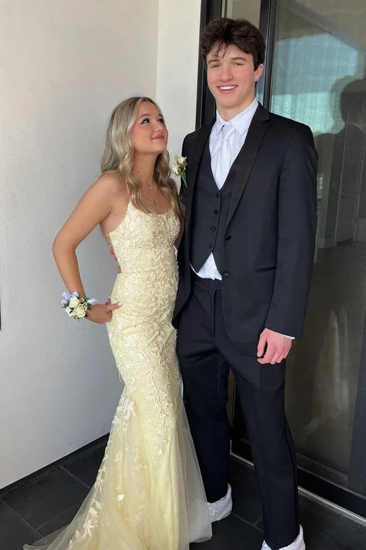 Loverlm light yellow lace mermaid prom dress with spaghetti straps, floral appliques and floor length train front view