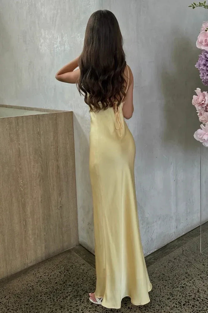Elegant Satin Sheath Halter Sleeveless Tie Back Floor Length Wedding Guest Dress