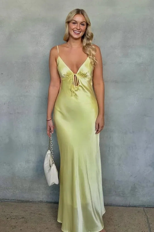 Elegant Sheath V-Neck Sleeveless Tie-Back Floor-Length Satin Prom Dress