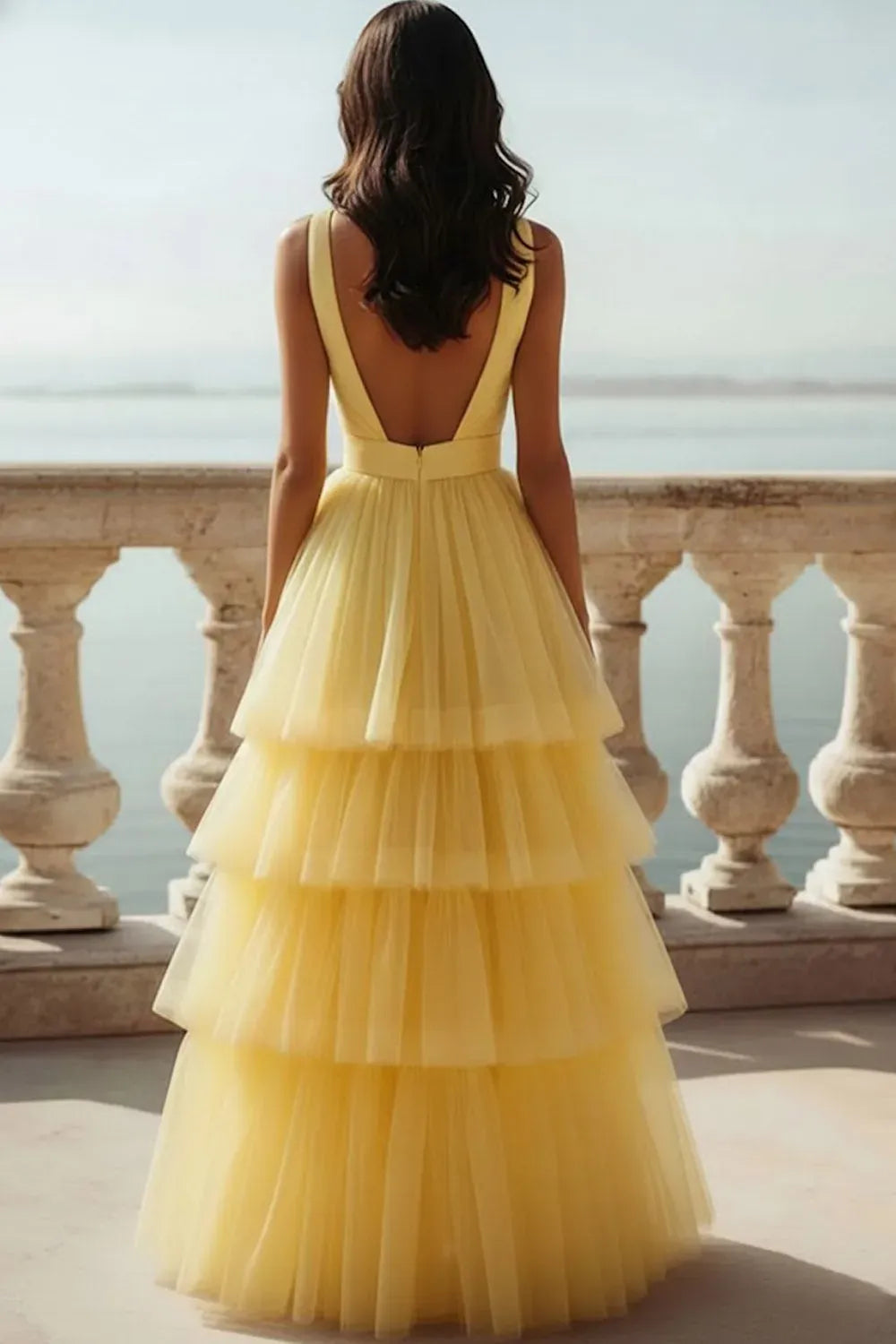 Romantic A-Line Plunging V-Neck Sleeveless V-Back Tiered Floor-Length Prom Dress