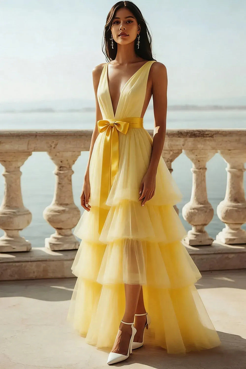 Romantic A-Line Plunging V-Neck Sleeveless V-Back Tiered Floor-Length Prom Dress
