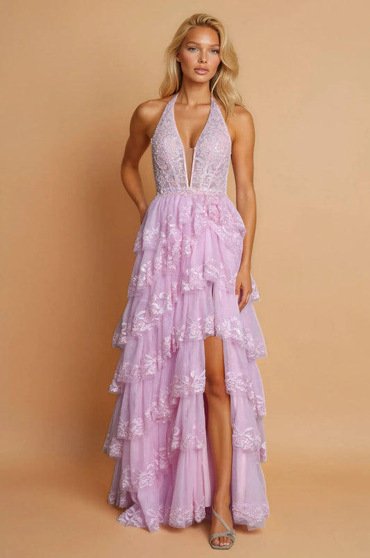 Loverlm lilac deep V halter tiered ruffle prom dress front