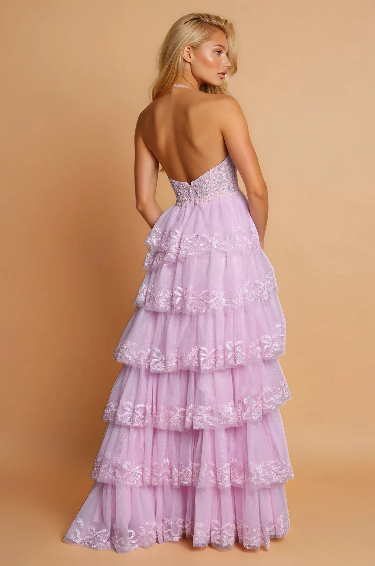 Romantic A-Line Deep V Halter Open Back Tiered Prom Dress