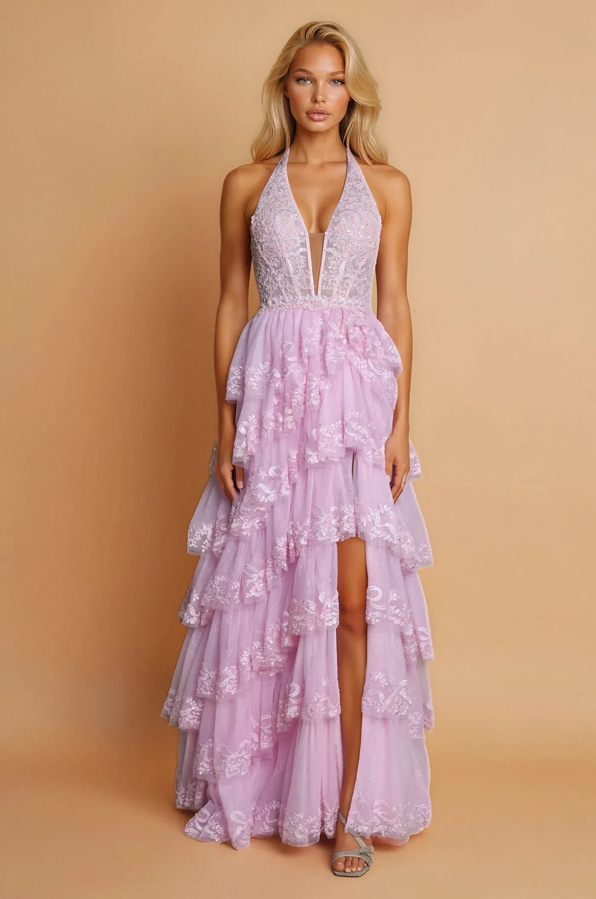 Romantic A-Line Deep V Halter Open Back Tiered Prom Dress
