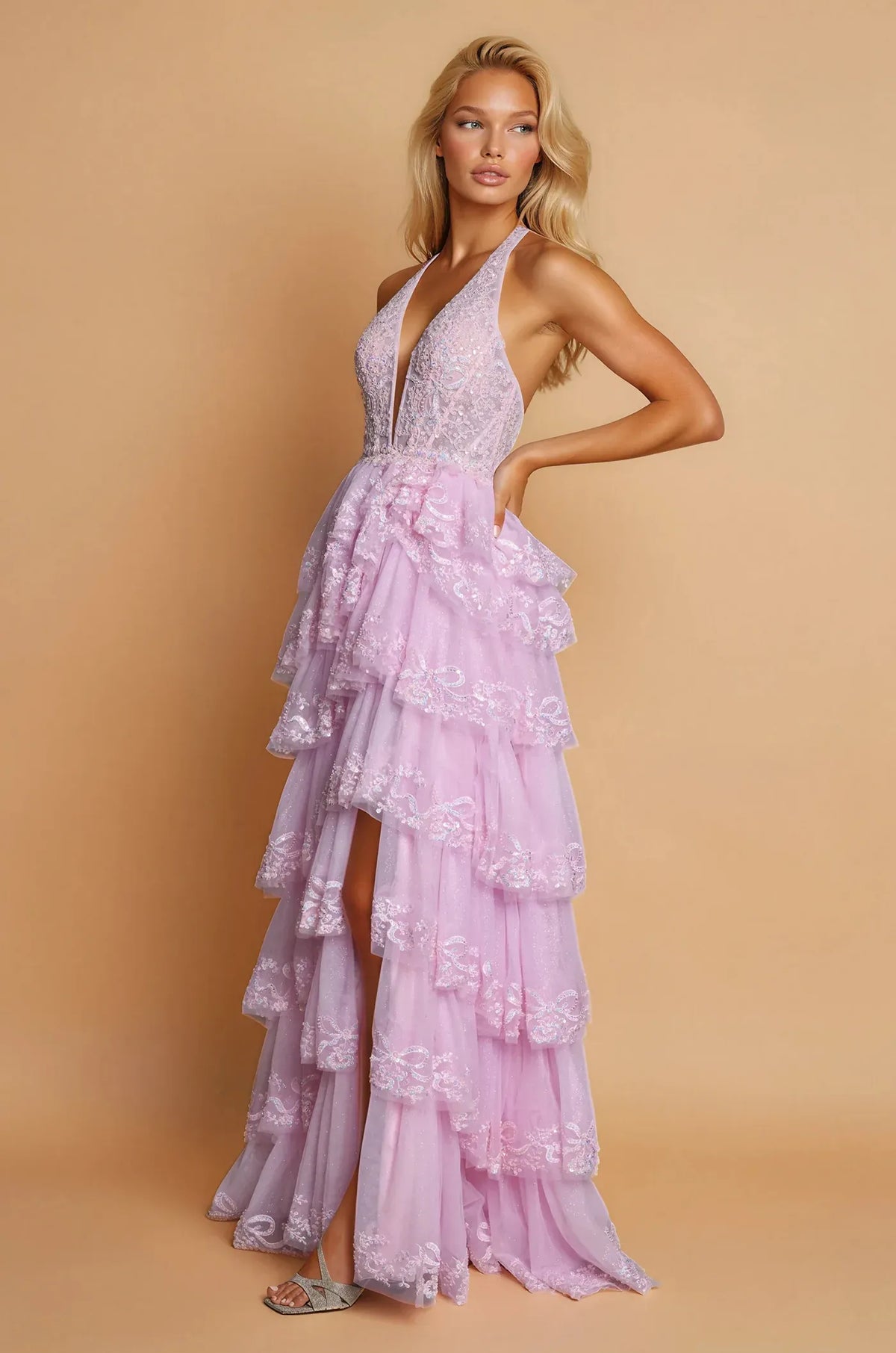 Romantic A-Line Deep V Halter Open Back Tiered Prom Dress