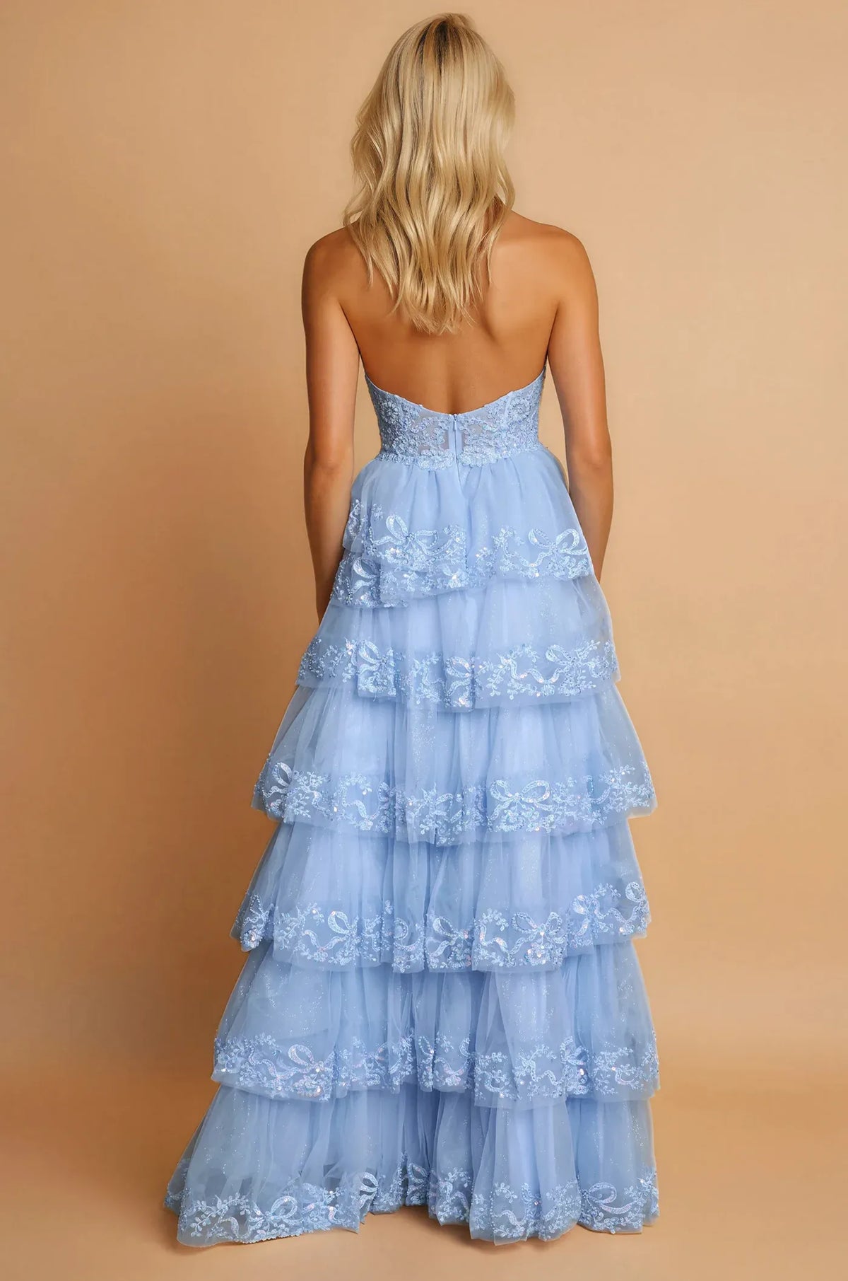Romantic A-Line Deep V Halter Open Back Tiered Prom Dress
