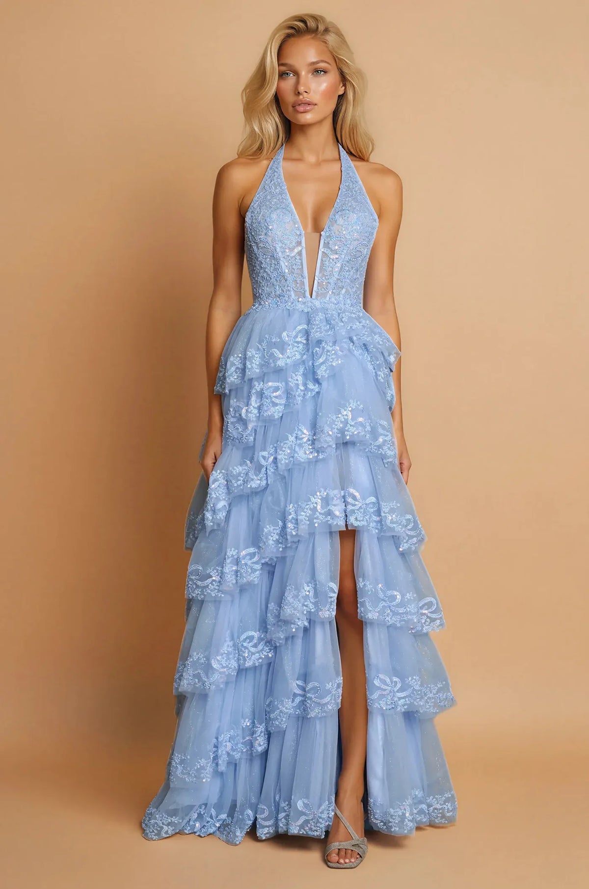 Romantic A-Line Deep V Halter Open Back Tiered Prom Dress