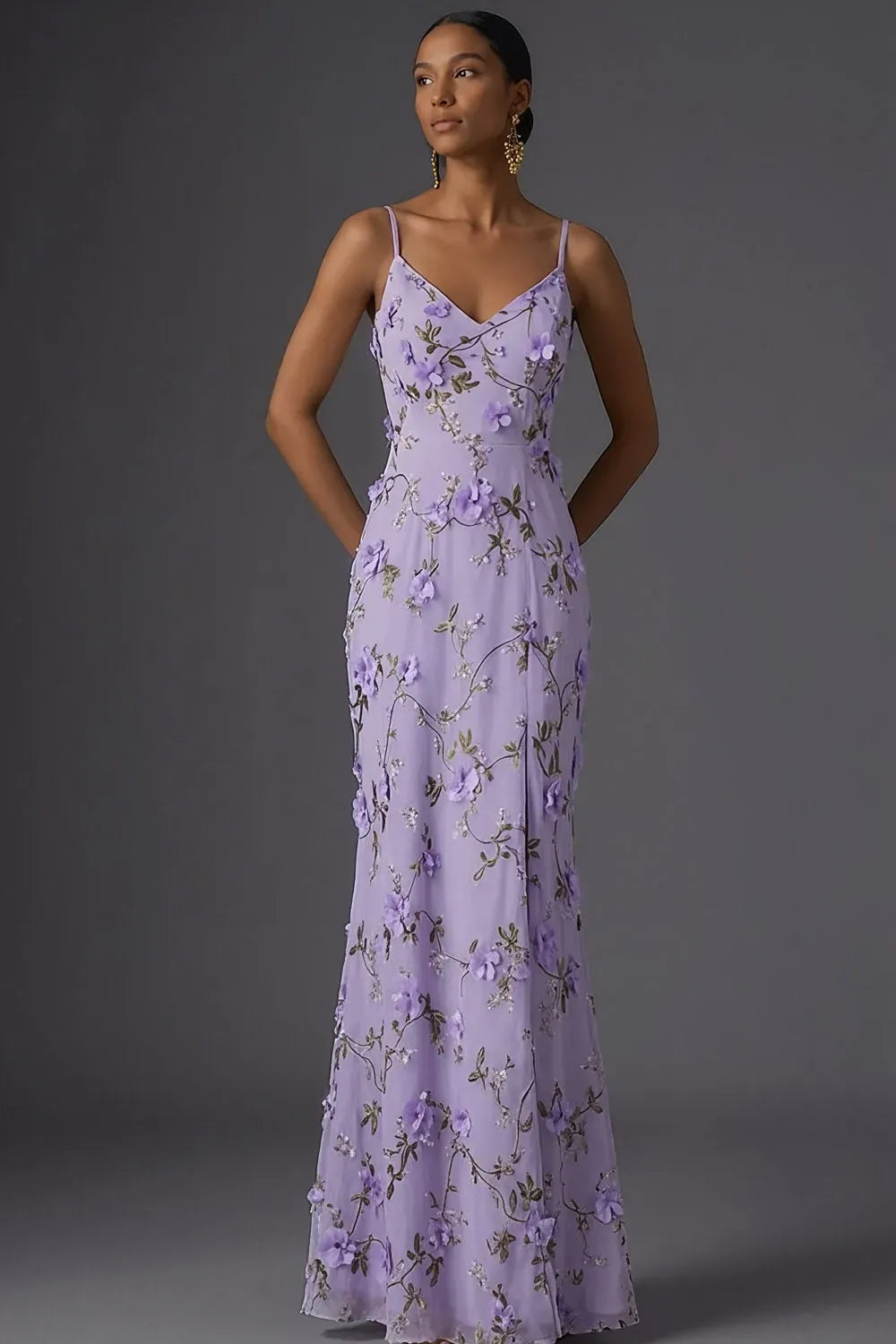 Romantic Trumpet V Neck Spaghetti Strap V Back Floor Length Prom Dress