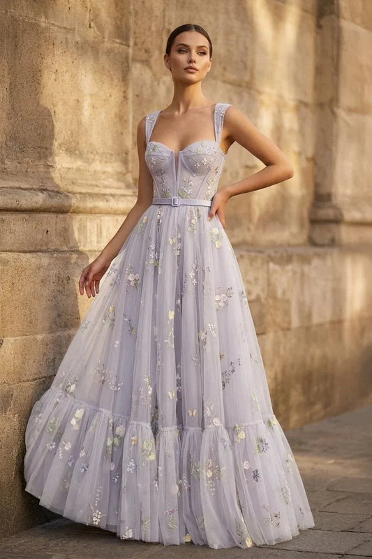 Loverlm lilac floral embroidered tulle A-line prom dress with square neckline and corset bodice front view