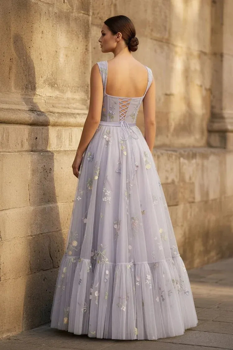 Elegant Embroidered A-Line Square Neck Sleeveless Lace-Up Back Floor-Length Prom Dress