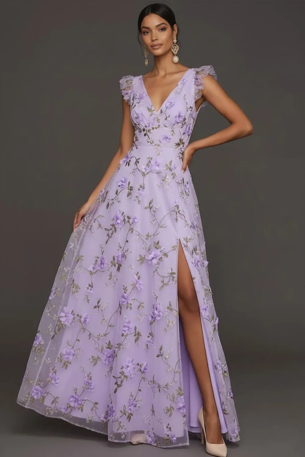 Loverlm lilac floral embroidered A-line wedding guest dress with V-neckline, ruffled cap sleeves, thigh-high slit and floor-length skirt, front view