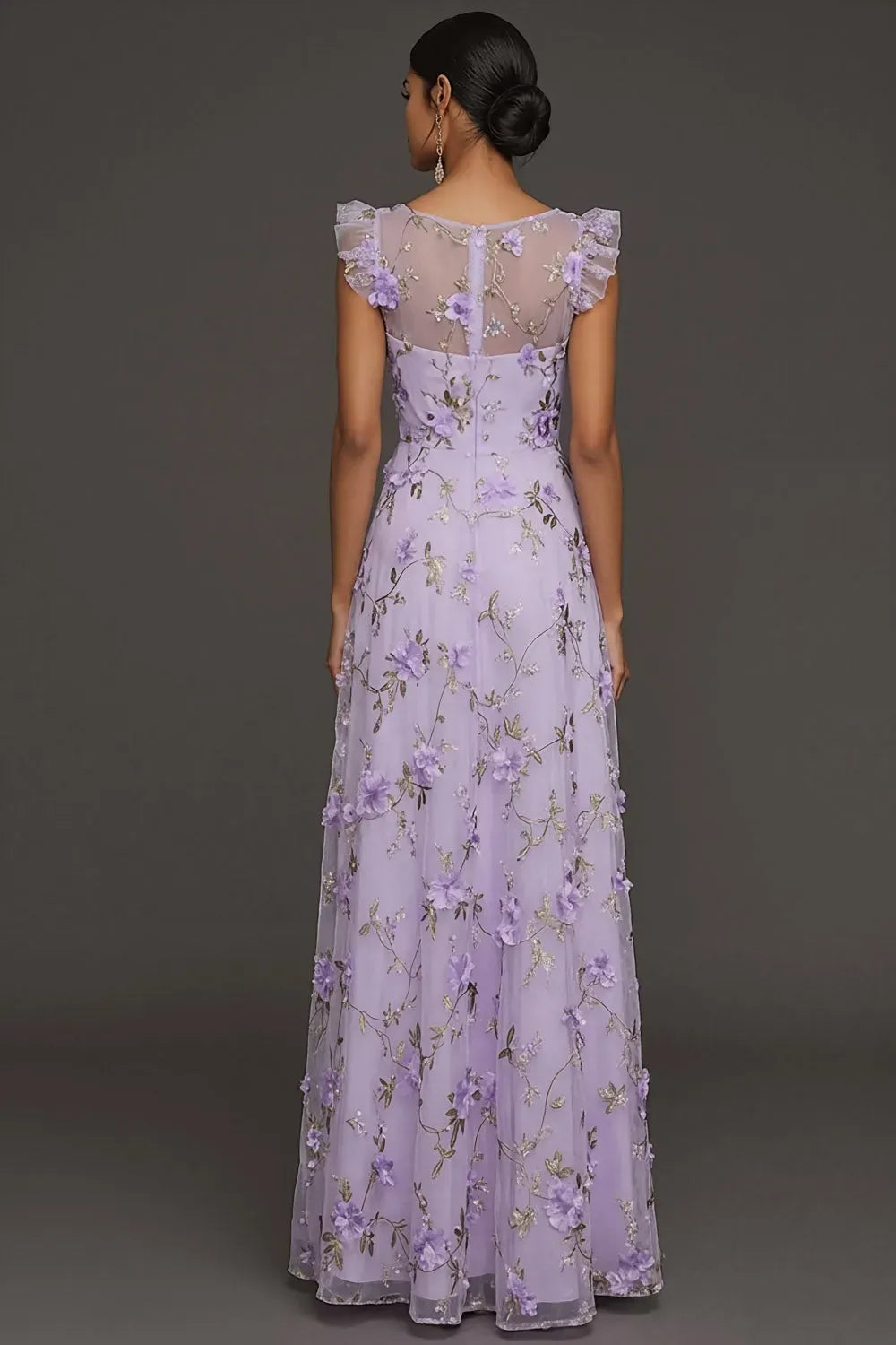Romantic Floral A-Line V-Neck Ruffled Cap-Sleeve Illusion-Back Floor-Length Wedding Guest Dress