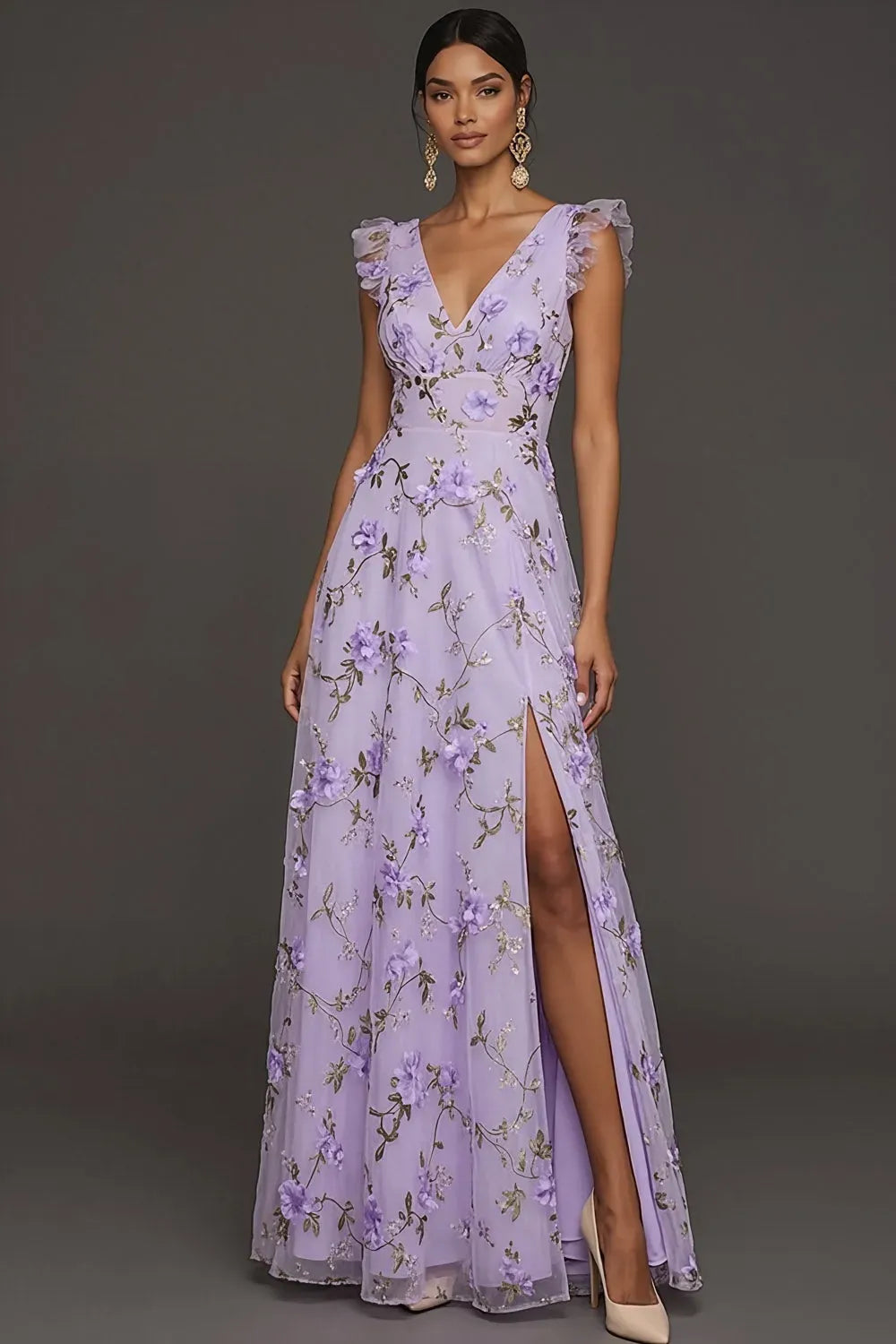 Romantic Floral A-Line V-Neck Ruffled Cap-Sleeve Illusion-Back Floor-Length Wedding Guest Dress