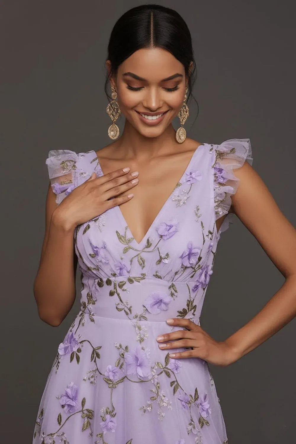 Romantic Floral A-Line V-Neck Ruffled Cap-Sleeve Illusion-Back Floor-Length Wedding Guest Dress