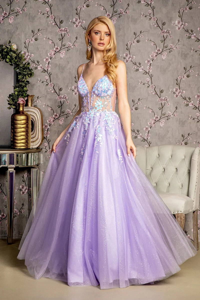 Loverlm lilac A-line prom dress with sweetheart neckline spaghetti straps floral appliqué illusion bodice and glitter tulle floor-length skirt