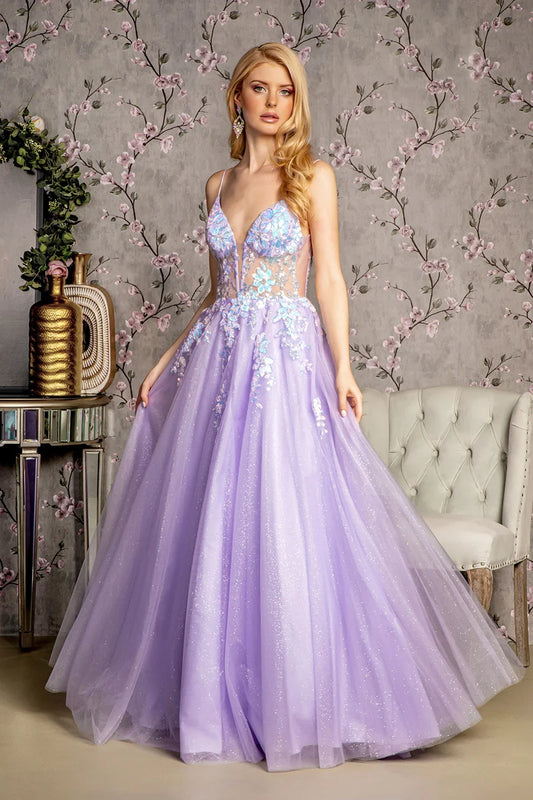 Loverlm lilac A-line prom dress with sweetheart neckline spaghetti straps floral appliqué illusion bodice and glitter tulle floor-length skirt