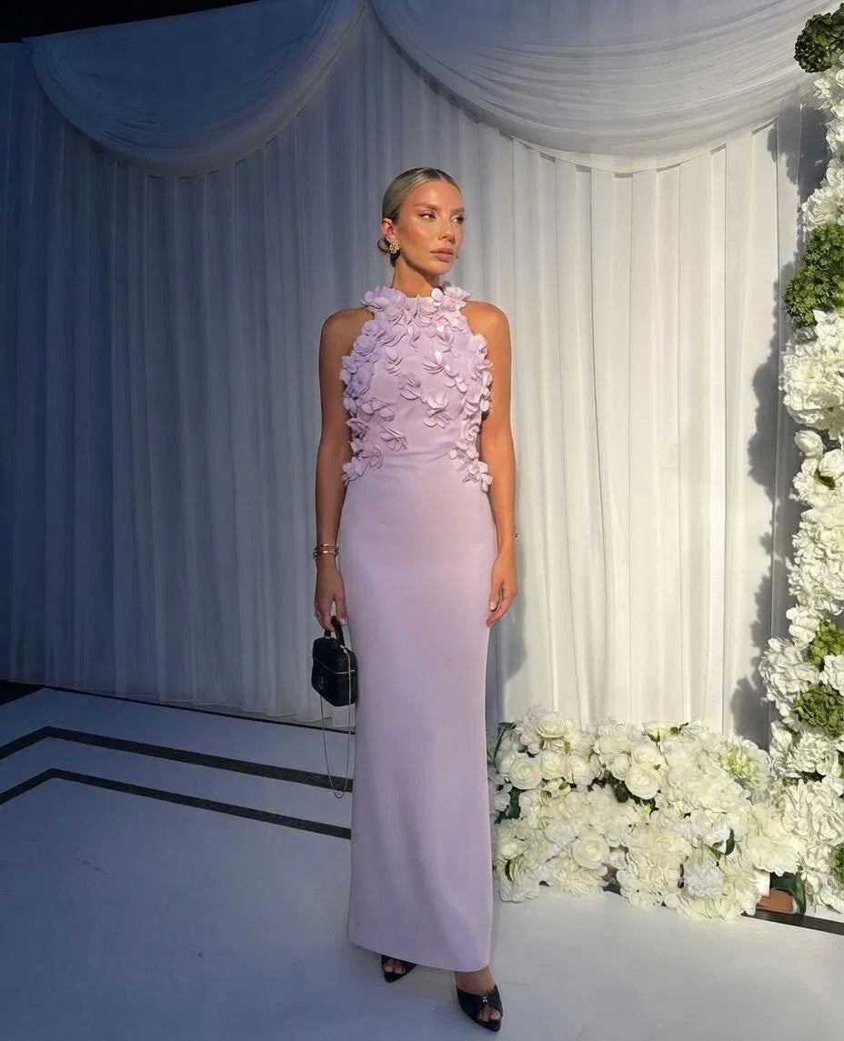 Elegant Sheath Halter Neck Sleeveless Crepe Floor-Length Wedding Guest Dress