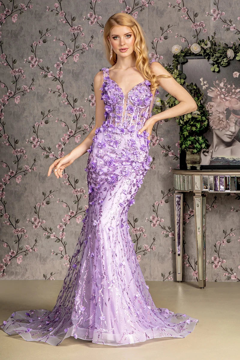 Loverlm lilac mermaid prom dress with plunging V-neck illusion corset floral appliqué sequins and floor-length sweep train