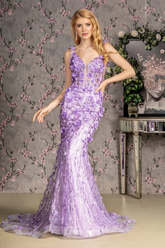 Loverlm lilac mermaid prom dress with plunging V-neck illusion corset floral appliqué sequins and floor-length sweep train
