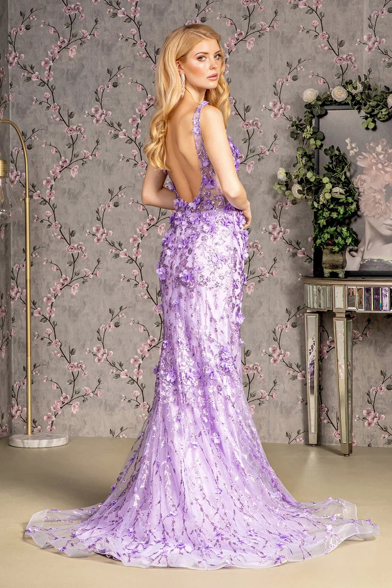 Glamorous Mermaid Plunging V-Neck Sleeveless Open-Back Floor-Length Prom Dress