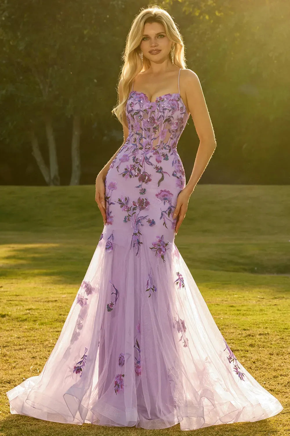 Loverlm lilac floral mermaid prom dress with sweetheart neckline, spaghetti straps, sheer-look bodice and floor-length tulle skirt front view