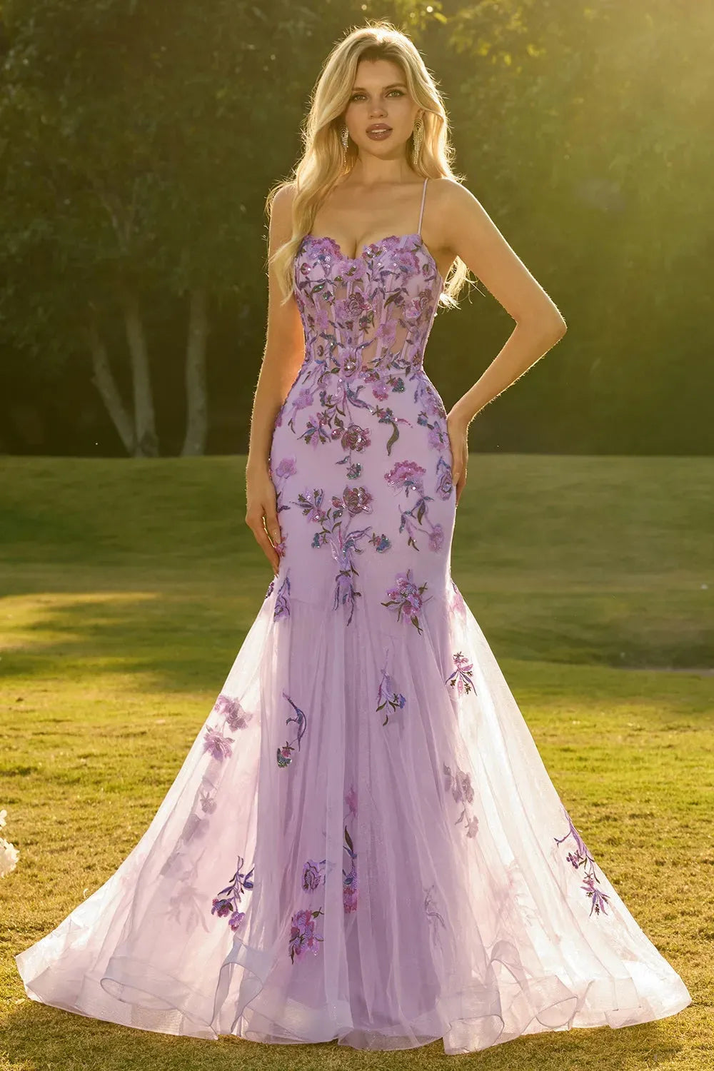 Romantic Lilac Floral Mermaid Sweetheart Spaghetti-Strap Lace-Up Floor-Length Prom Dress